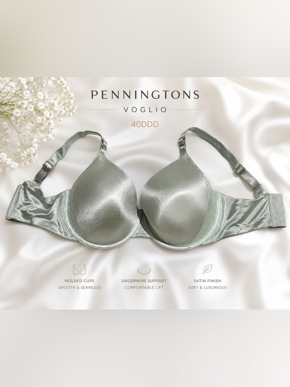 Voglio by Penningtons Satin Molded Underwire Bra Sage Green 40DDD